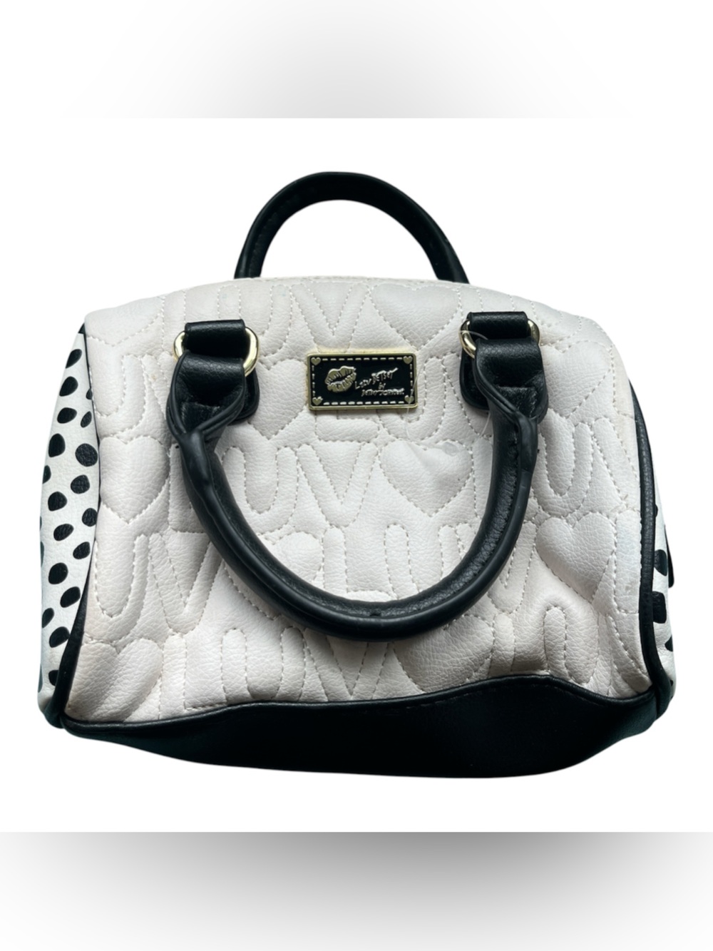 Betsey Johnson White Satchel with Black Trim and Polka-Dot Accents
